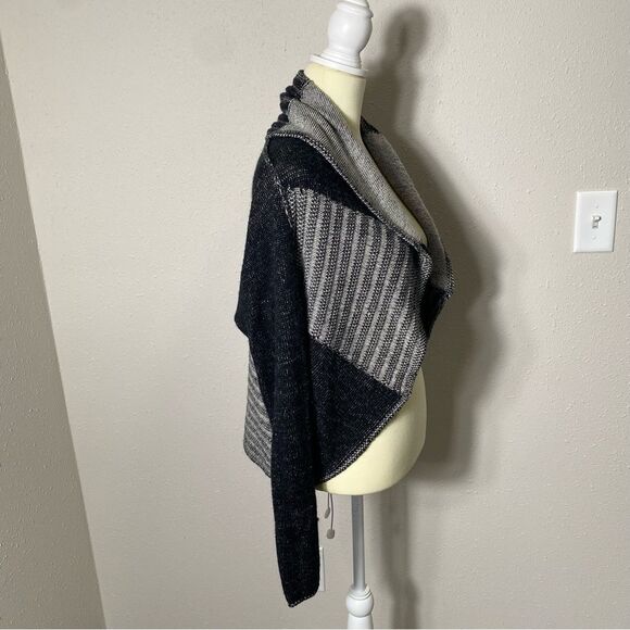 Cabi Black & Gray Shawl Collar Drapped Open Front Knit Cardigan Women's Medium - Picture 8 of 13